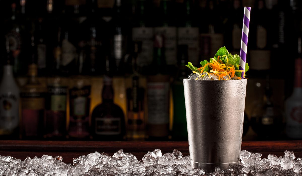 Georgia Mint Julep Cocktail served in metallic traditional cup.